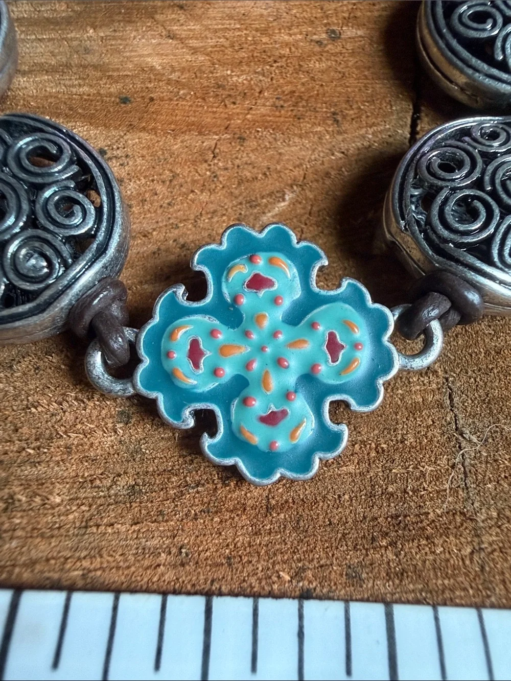 Lucky Brand Silver-Tone Swirl Disk Bracelet with Turquoise Enamel Flower Accent